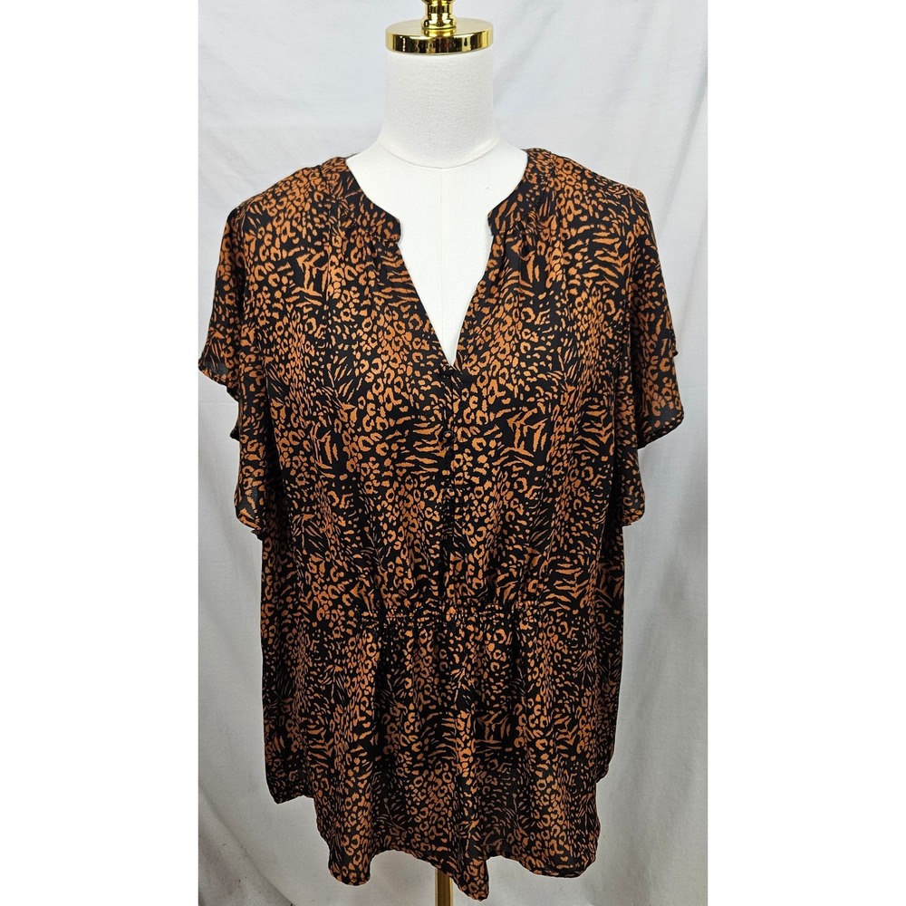 Massini Womens Animal Print Blouse Cognac Orange Black Elastic Waist Peplum 1X - Picture 3 of 9